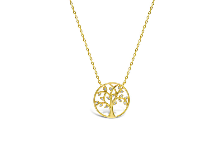 Stia - Sterling Silver - 14K Gold Plated Cubic Zirconia Round 15-17" Tree of Life Necklace
