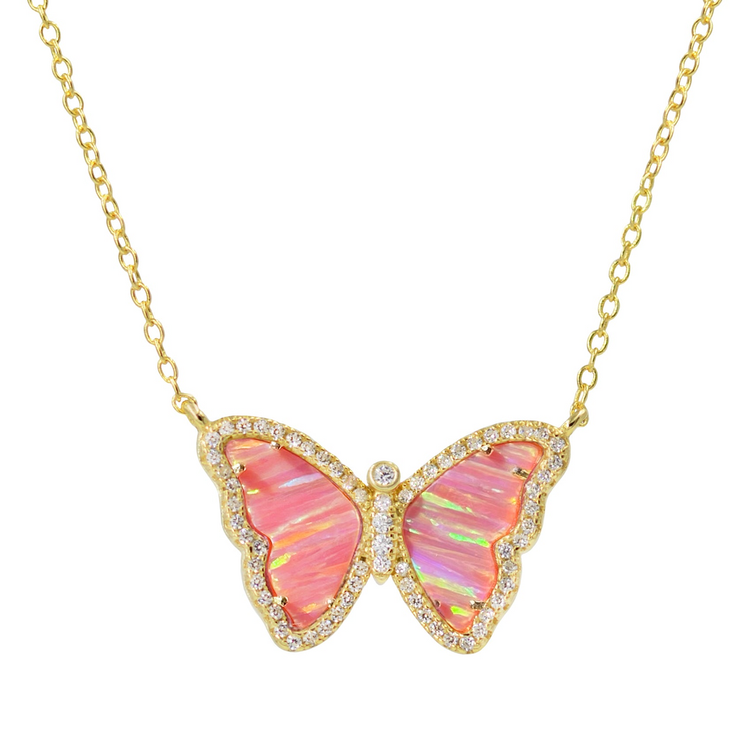 Kamaria - Sterling Silver - 14K Gold Plated - Coral Opal Crystal Butterfly Adjust. 18" Necklace