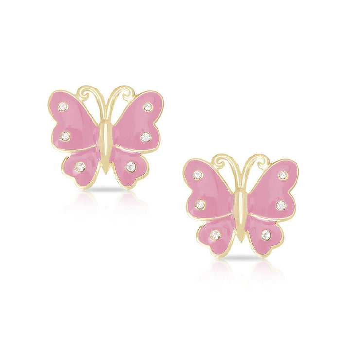 Lily Nily - Brass - 18K Gold Plated Pink Enamel Crystal Stud Butterfly Earrings