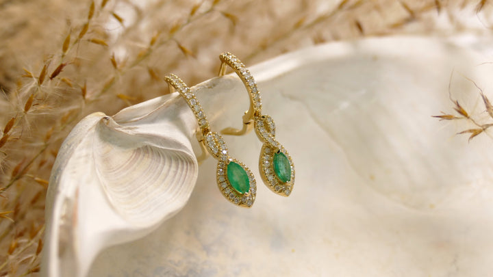 10k Yellow Gold Marquise .3ct Emerald Dangle Earrings