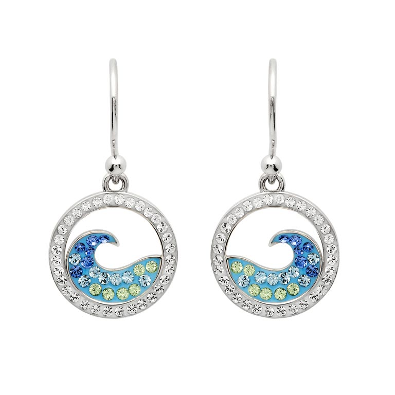 Sterling Silver Blue Wave Drop Earrings with Aqua Crystals