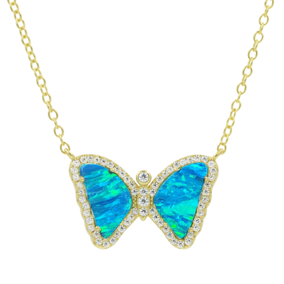 Kamaria - Sterling Silver - 14K Gold Plated - Blue Green Opal - Crystal Butterfly Adjustable 18" Necklace