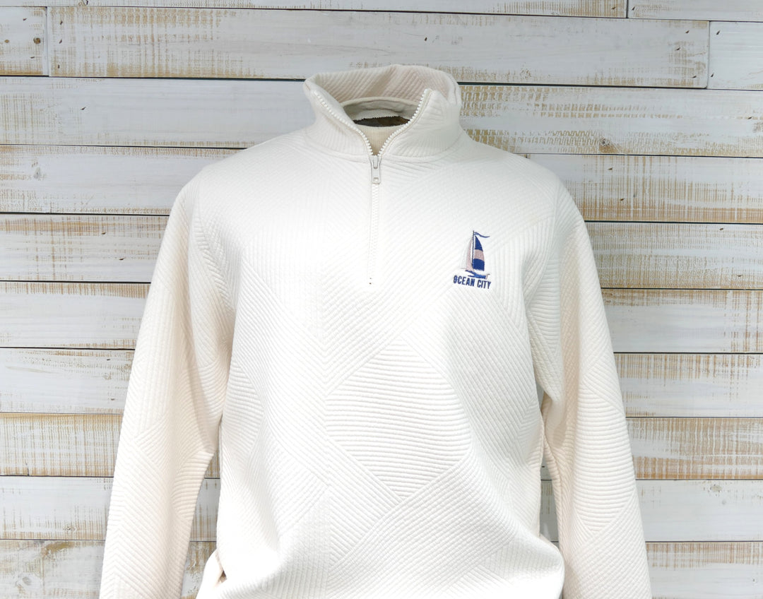 Ocean City Classics - Long Sleeve 1/4 Zip Cadet Collar Textured Sailboat Sweatshirt - Ivory