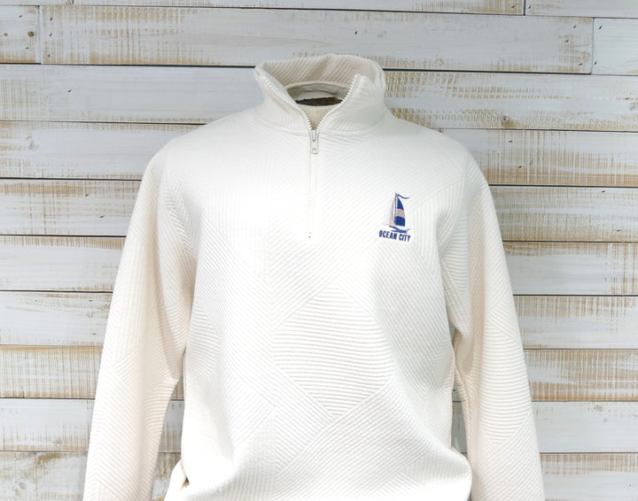 Ocean City Classics - Long Sleeve 1/4 Zip Cadet Collar Textured Sailboat Sweatshirt - Ivory