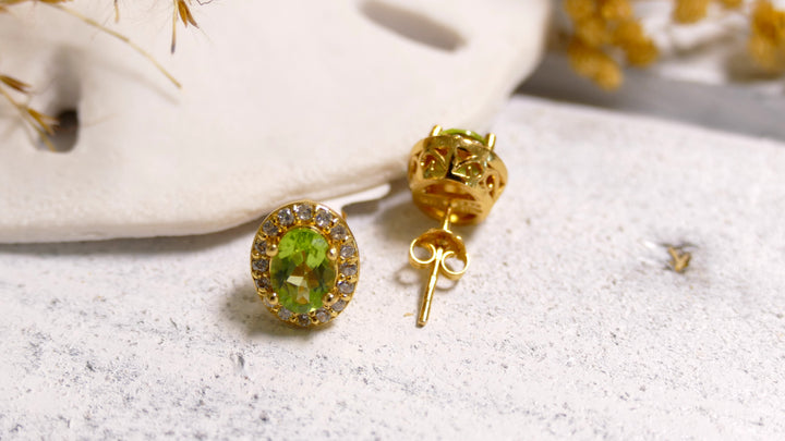 Sterling Silver - 14K Gold Plated CZ Halo 1.34ct Oval Peridot Stud Earrings