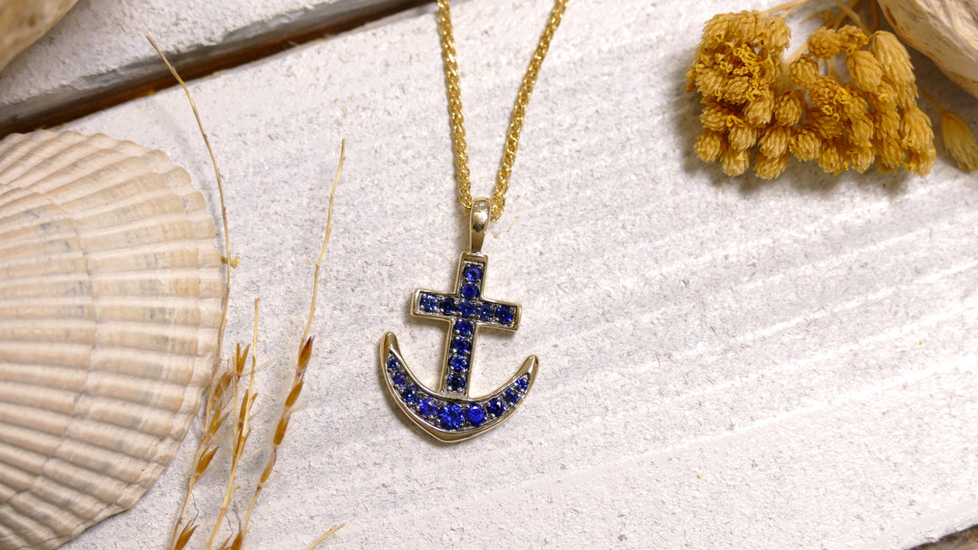 14k - Yellow Gold Sapphire Anchor Pendant