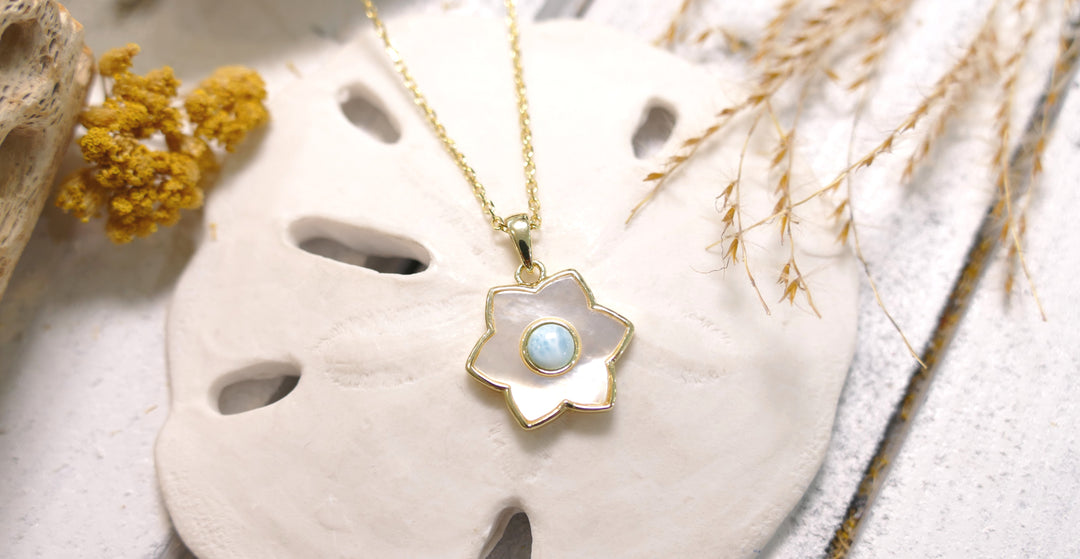 Sterling Silver - 14K Gold Plated Larimar Flower Mother of Pearl Necklace