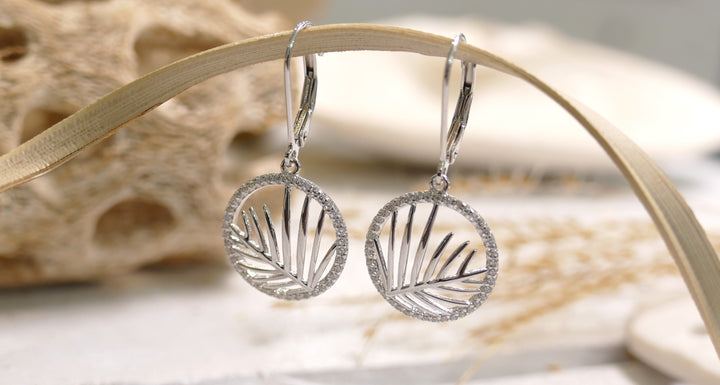 Sterling Silver - Silver Palm Leaf Cut Out Round Cubic Zirconia Lever Back Earrings