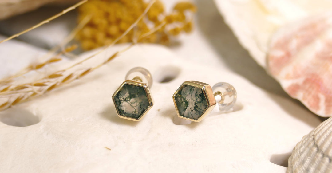 14k Yellow Gold Hexagon Moss Agate Stud Earrings