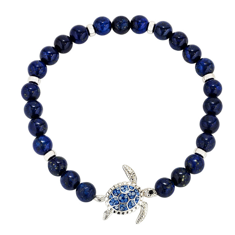 Ocean - Sterling Silver - Shanore Lapis Beaded Stretch Turtle Bracelet