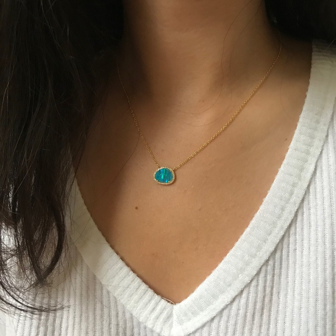 Kamaria - Sterling Silver - 14K Gold Plated - Blue Opal Crystal Oval Adjust. 18" Necklace