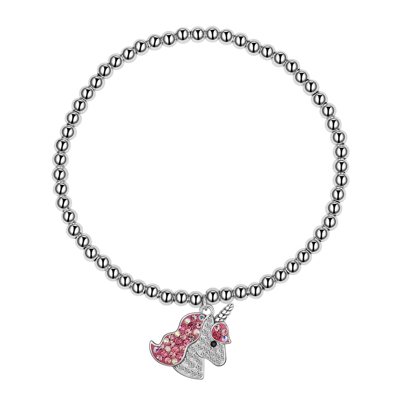 Lily Nily - Brass - Silver - Pink Crystal Beaded Stretch Unicorn Bracelet 6"