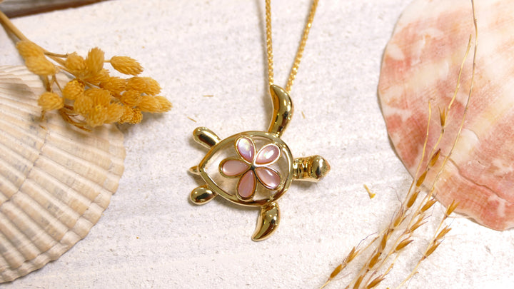 14k - Yellow Gold Pink Mother of Pearl Turtle Pendant