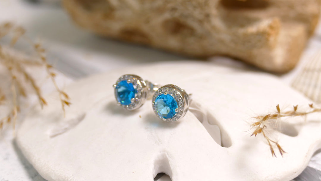925 Sterling Silver Sim Blue Topaz CZ Halo Stud Earring