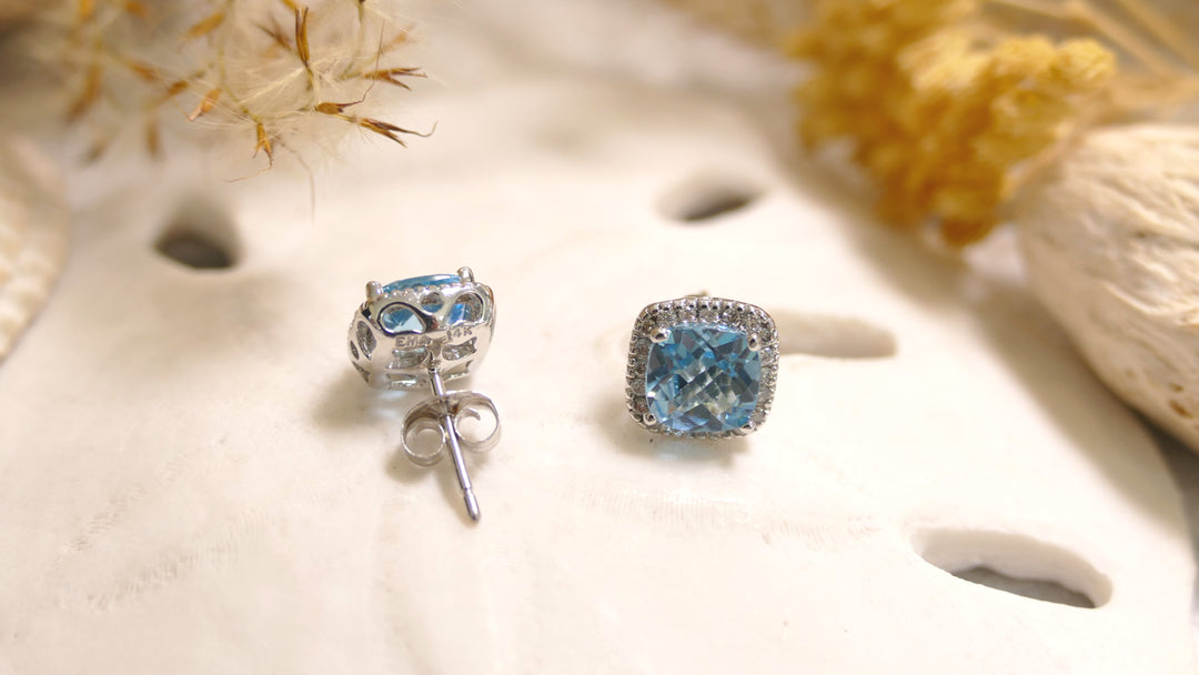14k White Gold Cushion 0.15ct Blue Topaz Diamond Halo Stud Earrings