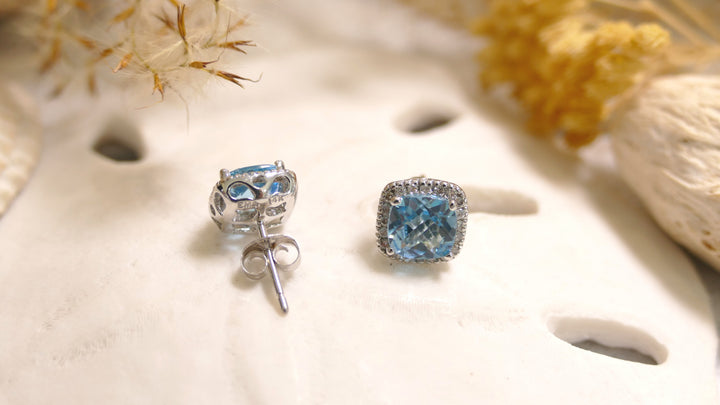 14k White Gold Cushion 0.15ct Blue Topaz Diamond Halo Stud Earrings