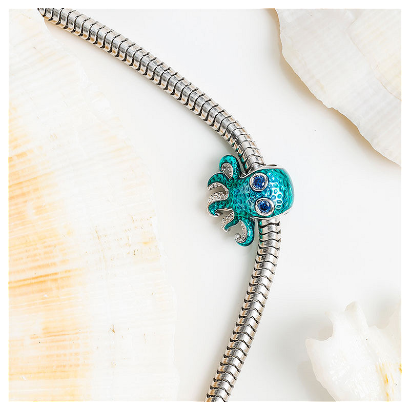 Ocean - Sterling Silver - Enamel Cubic Zirconia Octopus Bead Charm