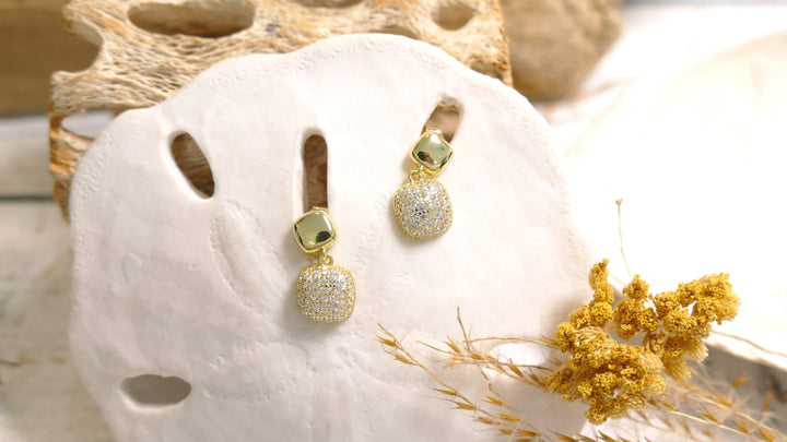 Sterling Silver - 14K Gold Plated Double Square - Stud Cubic Zirconia Drop Earrings
