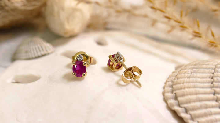 14k Yellow Gold Oval 1 Accented Diamond 0.02ct Ruby Stud Earrings