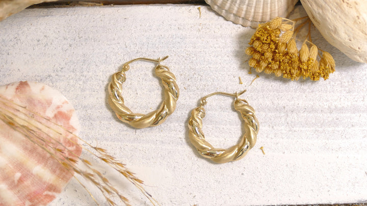 14k Yellow Gold Polished & Matte Twist Hoop Earrings