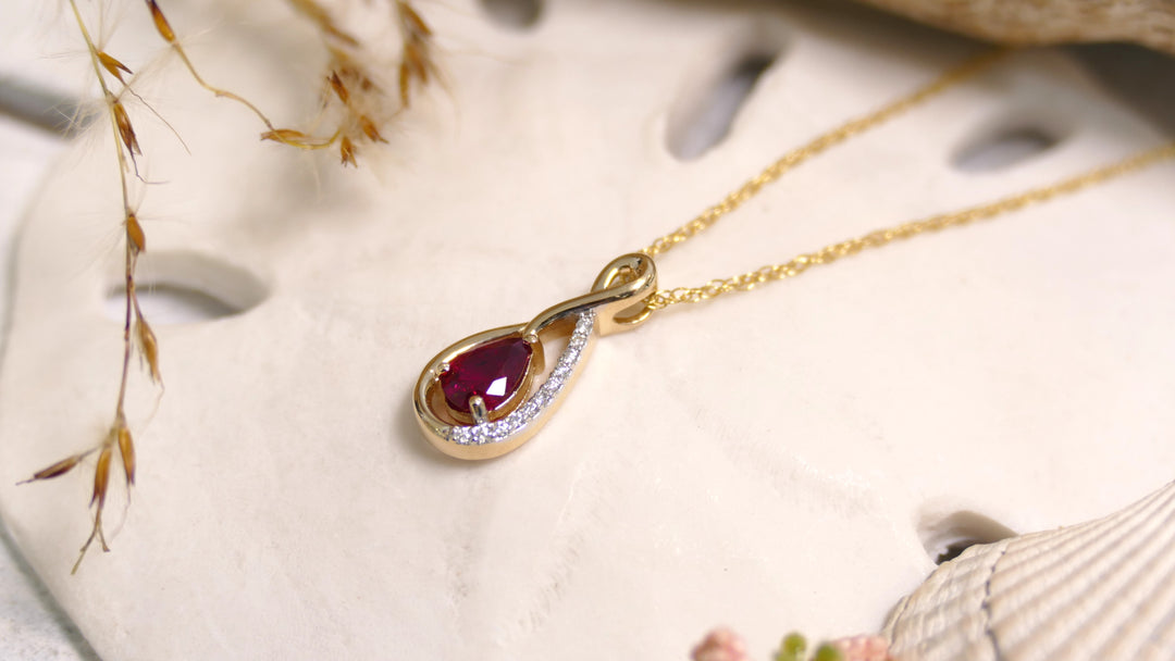 14k Yellow Gold 0.05CT Ruby Pear Pendant 18"