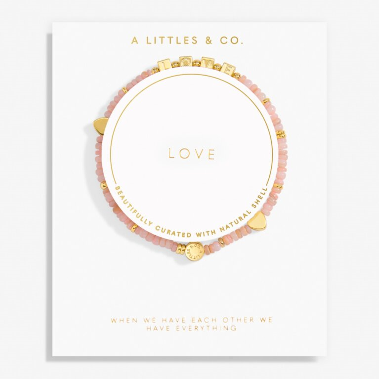 A Little & Co - Brass - Gold - Pink Shells - Love Heart Stretch Beaded Bracelet 6 7/8"