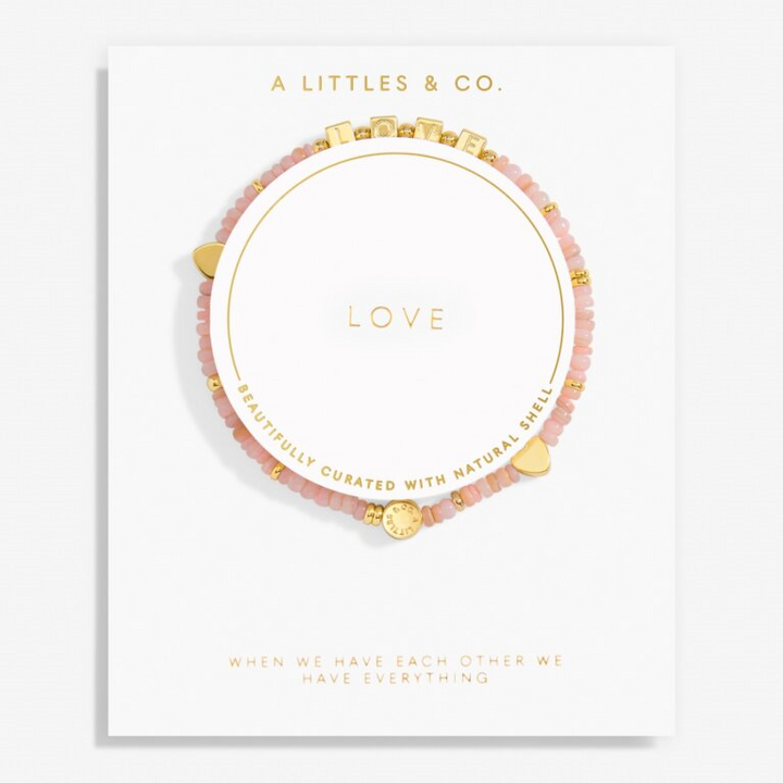 A Little & Co - Brass - Gold - Pink Shells - Love Heart Stretch Beaded Bracelet 6 7/8"
