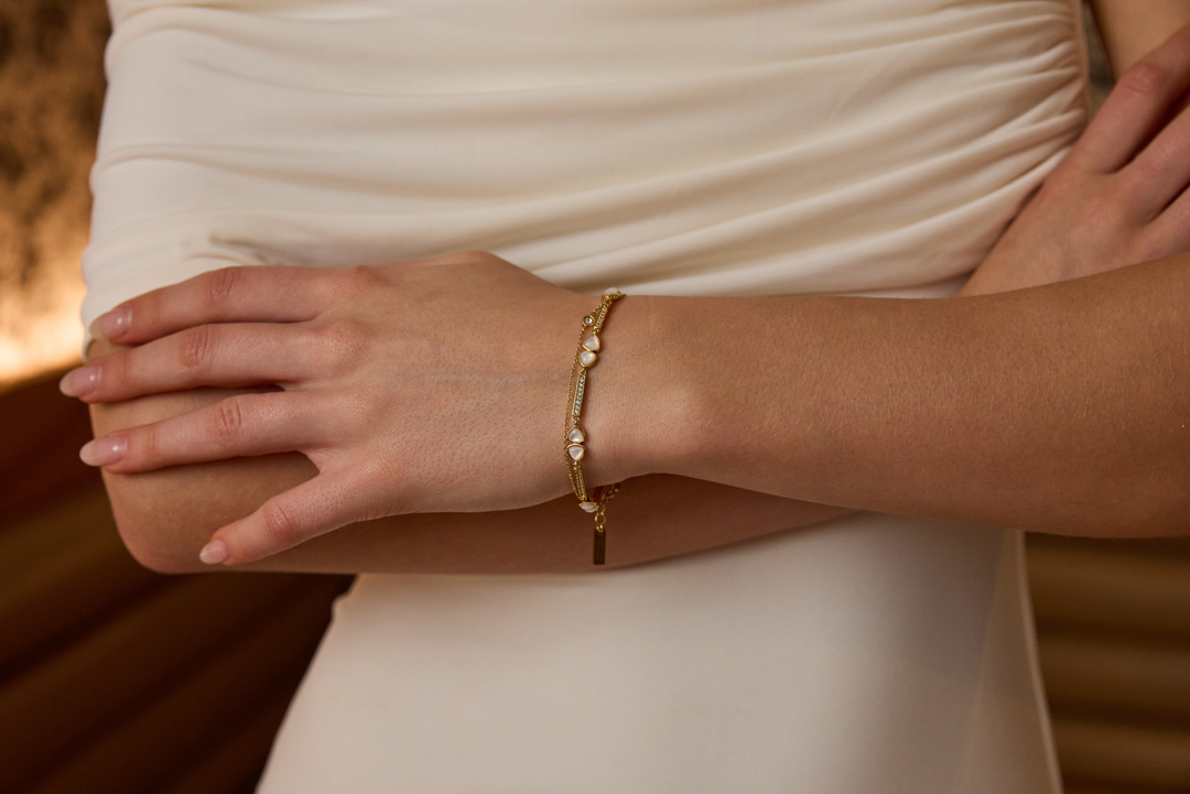 Adriana Pappas - Brass - 14K Gold Filled Gemstone Mother of Pearl Link Bracelet