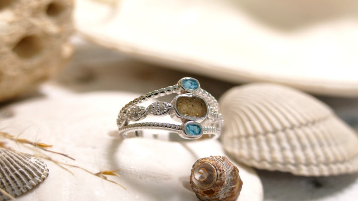 Dune - Sterling Silver - Silver Boho Stack - Turq & Sand Natural Diamond Ring (Size 8)
