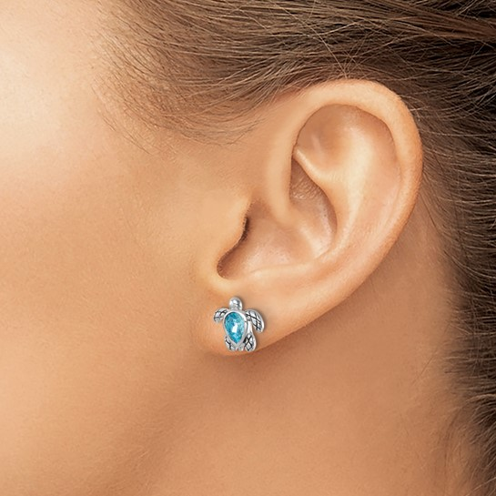Sterling Silver - Silver March Birthstone Crystal Turtle Stud Earrings
