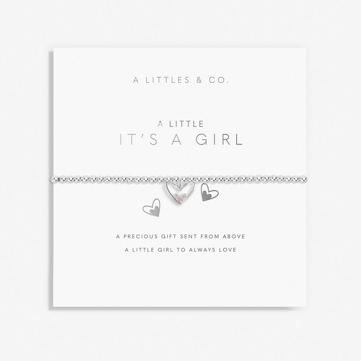 A Little & Co - Brass - Silver Plated - It's a Girl! Crystal Heart Stretch Beaded Bracelet