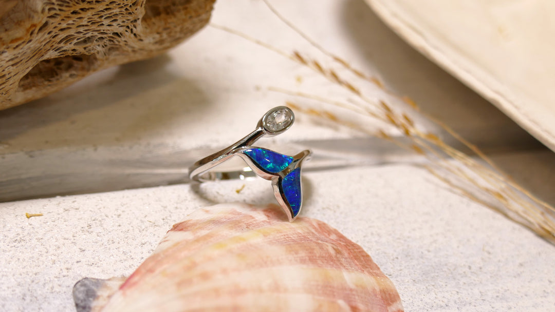 Sterling Silver - Silver Green Opal Whale Tail White Topaz Wrap Ring (Size 6)