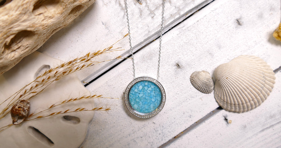 Dune - Sterling Silver - Silver Locket - Turquoise & Sand Round Natural Diamond Necklace