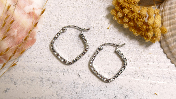 14k White Gold Square + Diamond Cut Hoop Earrings