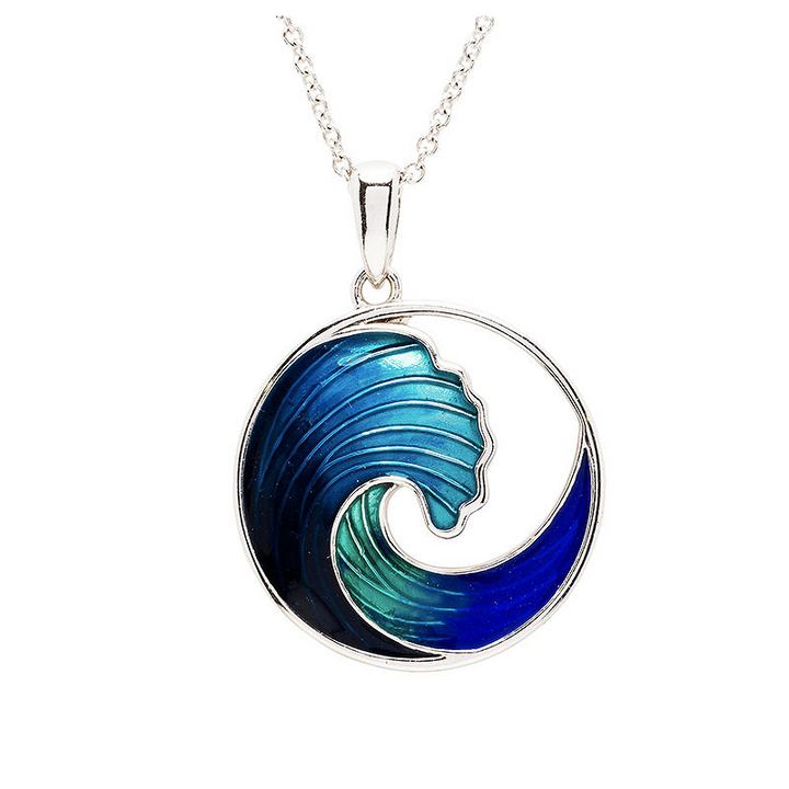 Ocean - Sterling Silver - Silver Aqua/Blue Enamel Round Wave Necklace
