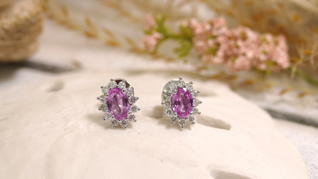 18k White Gold Oval .40ct + Accent Diamonds Pink Sapphire Starburst Halo Stud Earrings