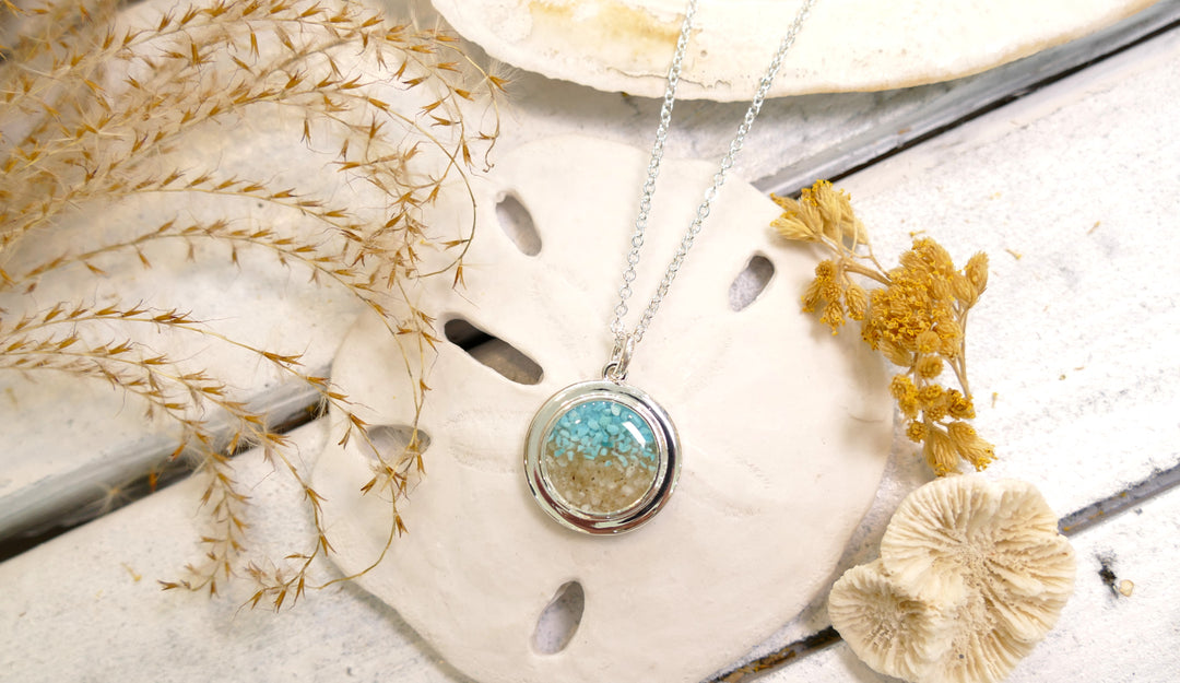 Dune - - Silver Plated "Explorer" Round Turquoise Gradient Ocean City Beach Sand Necklace