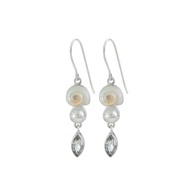 Sterling Silver Earring With Shell Malabar Turbos, Pearl, White Cubic Marquise Facet