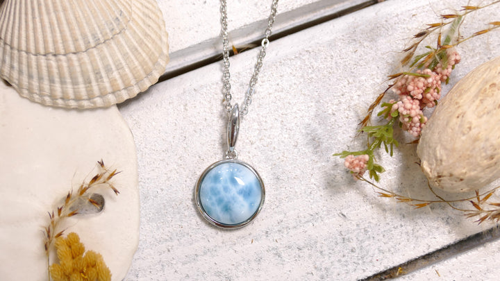 Sterling Silver - Silver 15.05mm Round Larimar Necklace