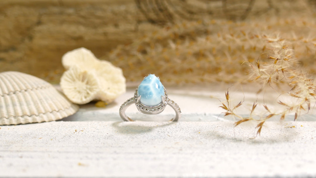 Sterling Silver - Silver CZ Teardrop Larimar Ring 7