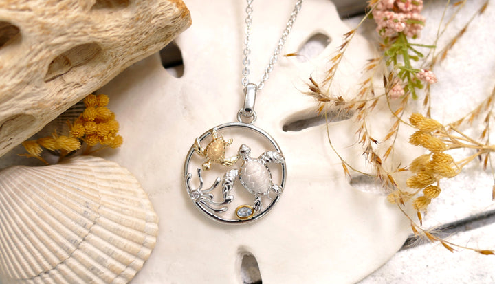 Sterling Silver - Two Tone 14K Turtle Round Natural Diamond Sea Life Necklace