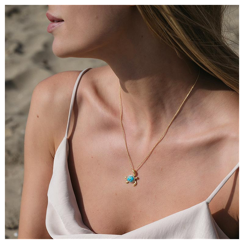 Ocean - Sterling Silver - Gold Vermeil White Lab Sapphire Turquoise Turtle Necklace