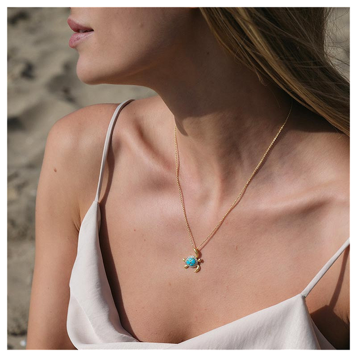Ocean - Sterling Silver - Gold Vermeil White Lab Sapphire Turquoise Turtle Necklace