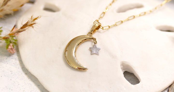 14k - Yellow Gold Crescent Moon + Star Charm Necklace