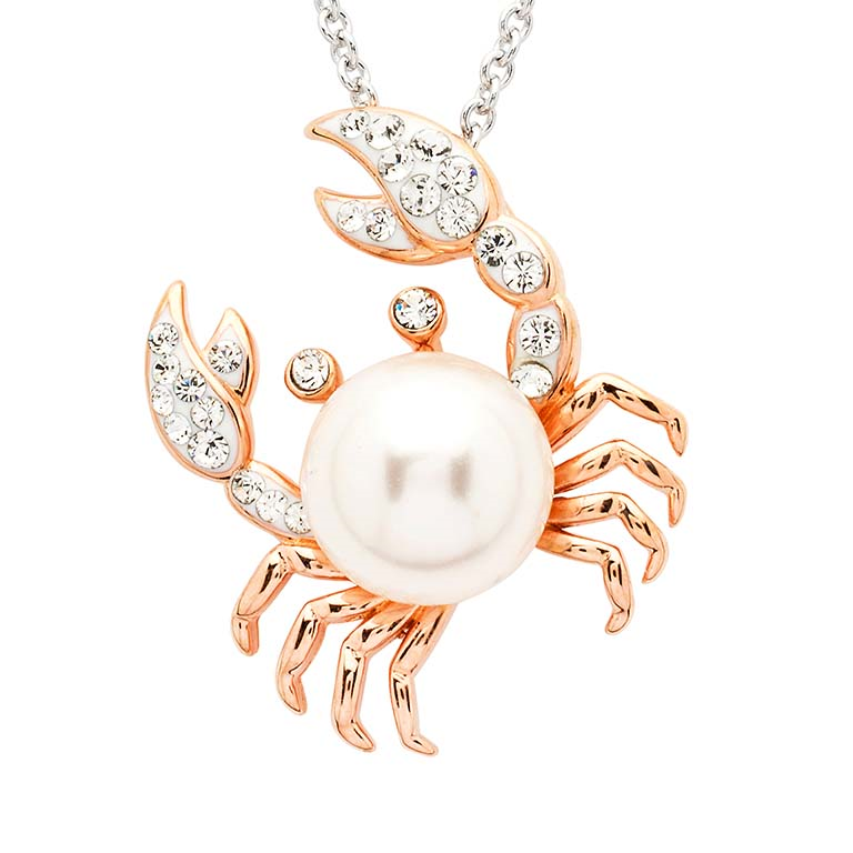Ocean - Sterling Silver - Rose Gold Pearl & Crystal 18" Dangle Crab Necklace
