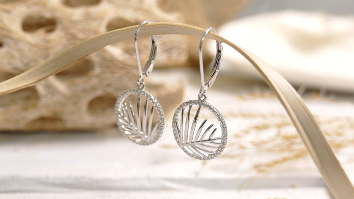 Sterling Silver - Silver Palm Leaf Cut Out Round Cubic Zirconia Lever Back Earrings
