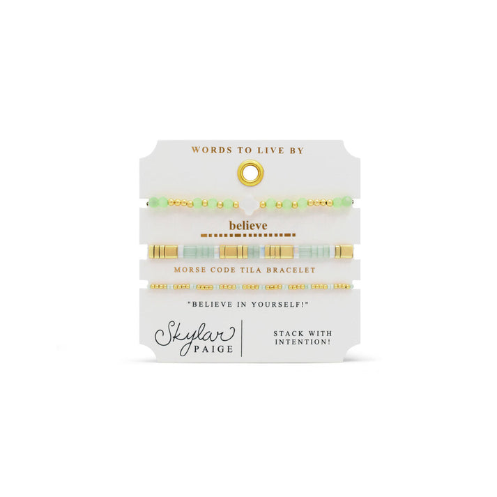 Stia Couture - - Gold "Believe" (Pearl) Tila Bead Morse Code Stretch Bracelet