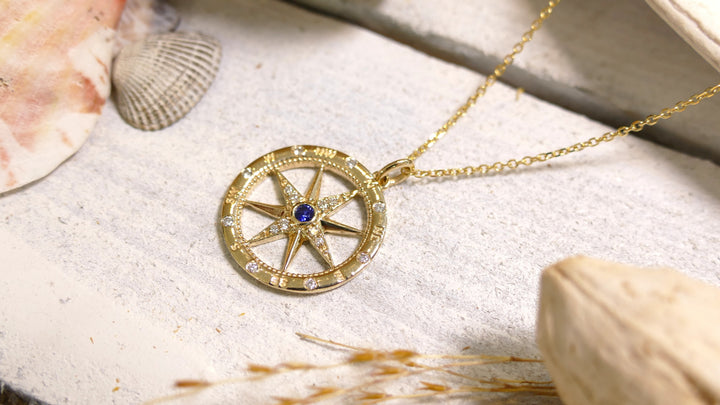 14k Yellow Gold Compass 0.14ct + 0.07ct Blue Sapphire Diamond