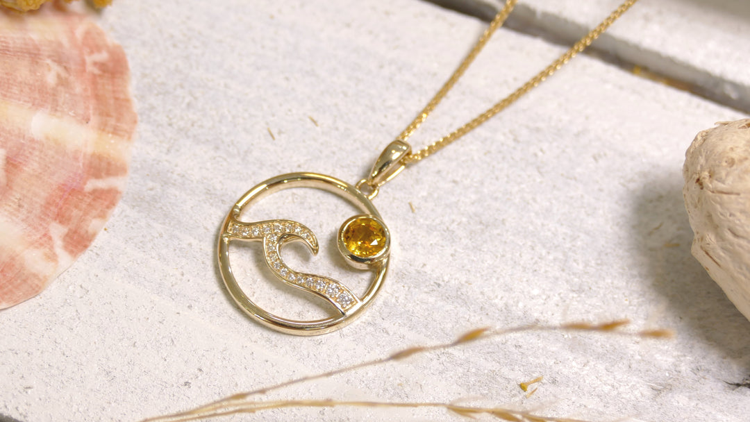 14k - Yellow Gold "Sunrise" 0.08ct Natural Diamonds Round Topaz Wave Pendant