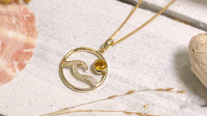 14k - Yellow Gold "Sunrise" 0.08ct Natural Diamonds Round Topaz Wave Pendant